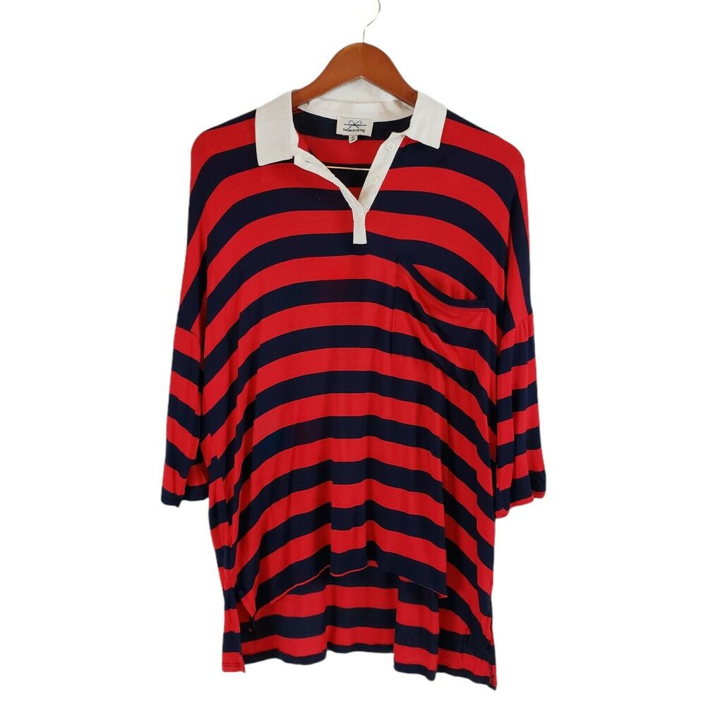 NEW!!  Twine & String Striped Collared Loose Blouse Top Red Blue Size L